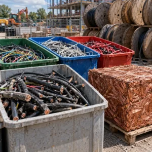 Segregated cable offcuts in labelled bins on a construction site beside a compacted copper bale and stacked empty cable drums, no readable text, no labels