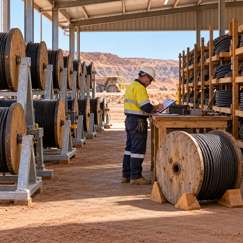 A covered site store with cable drums on stands and coils on racks, labels on each drum, a storeroom keeper checking a stock sheet at a mine maintenance store, no readable text, no labels
