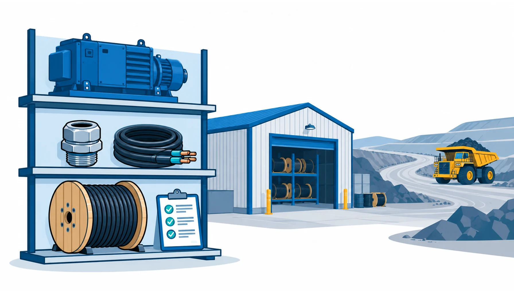 Flat infographic of three cable stock tiers on a mine site, critical spare cable, consumable repair stock and project surplus, with drums on stands and coils on racks