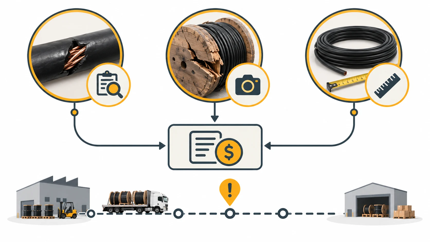 Flat infographic of a cable claim decision, a failed cable section feeding defect, transit and shortfall branches with an evidence file and a risk transfer marker behind them