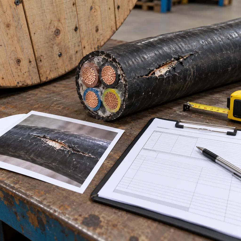 A damaged section of industrial cable on a workbench beside a photograph file and a claim form, with a measuring tape and a drum label visible, neutral industrial lighting, no readable text, no labels
