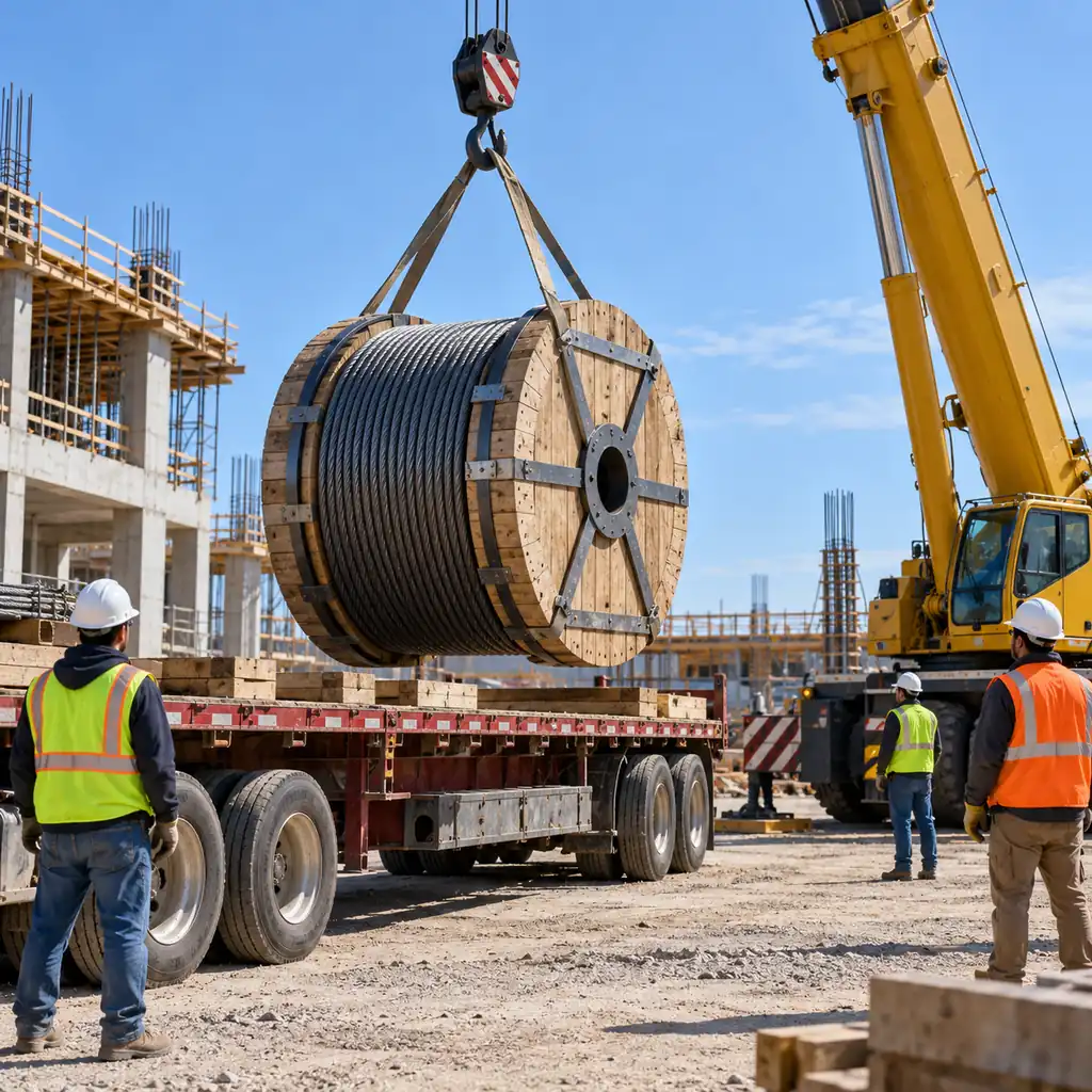 A crane lifting a large steel cable drum from a flatbed truck onto a construction site, timber lagging and steel strapping visible on the drum, workers standing clear with hard hats, no readable text, no labels