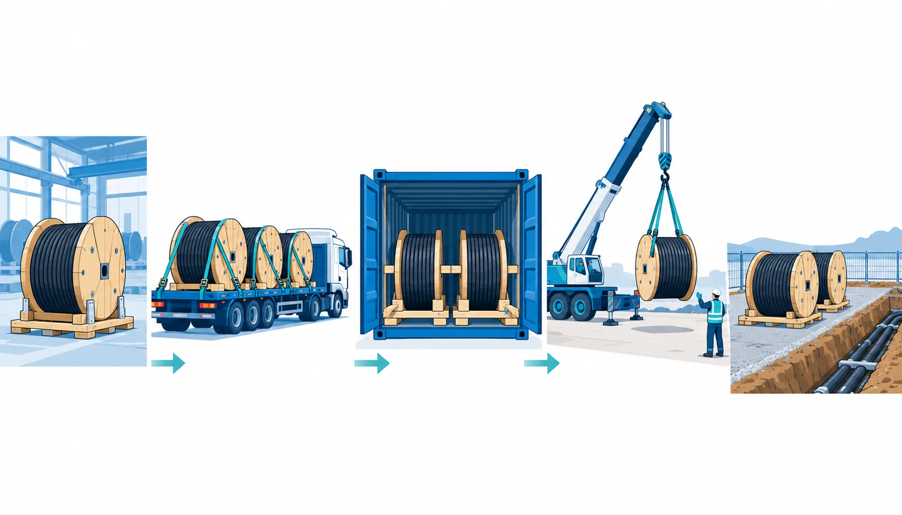 Flat infographic of a cable drum journey, factory packing, road transport, sea freight, offloading by crane and site storage