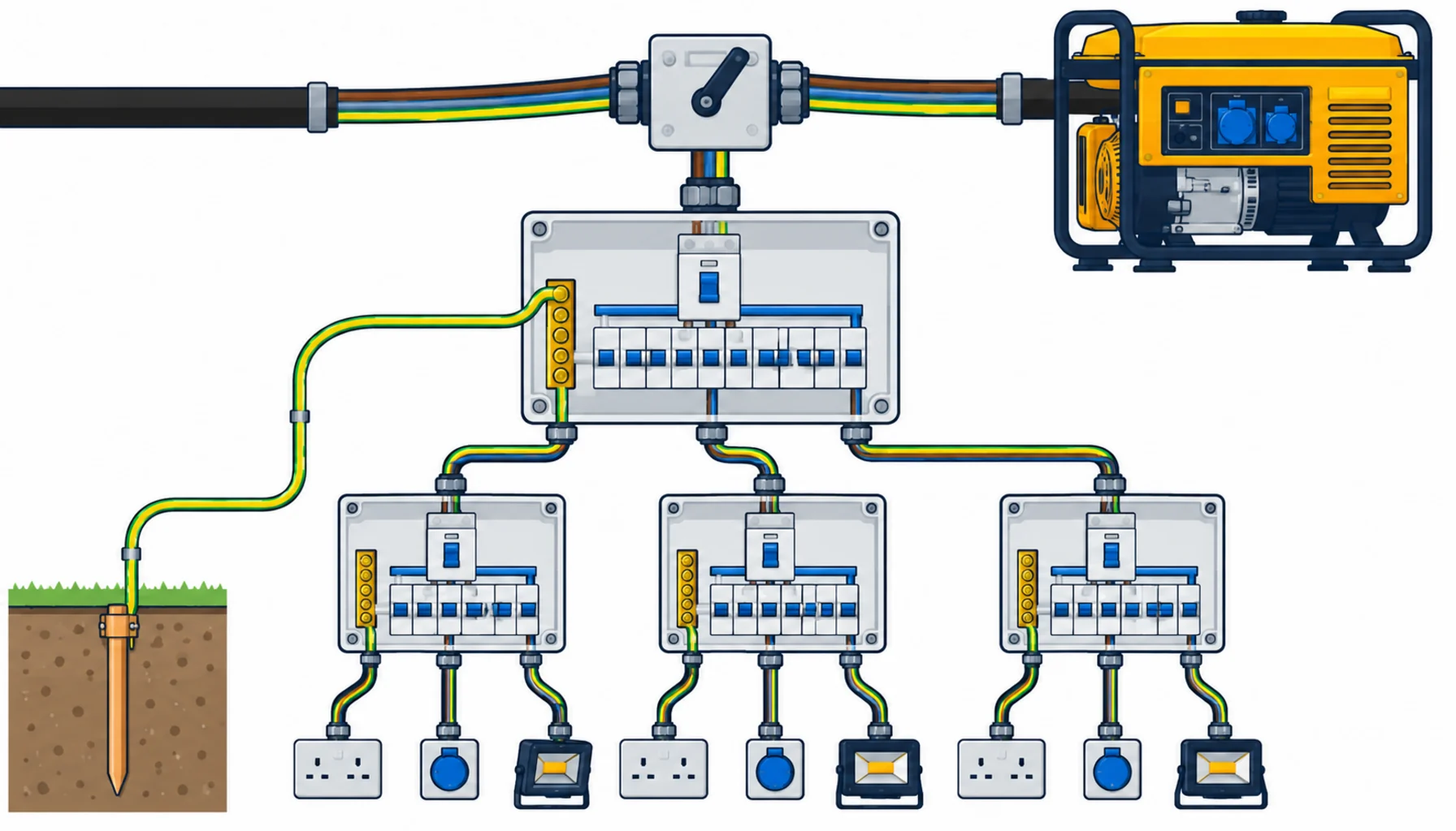 Flat infographic of a construction site protective chain: the electrode system, the graded distribution boxes with RCD levels, and the protective conductors and supply cable tying them together, with test points marked