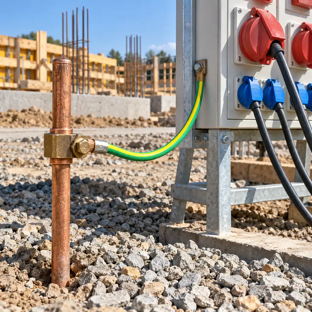 An earth electrode with green-yellow earthing cable clamped at a construction site distribution board, gravel and formwork around, clear morning light, no readable text, no labels