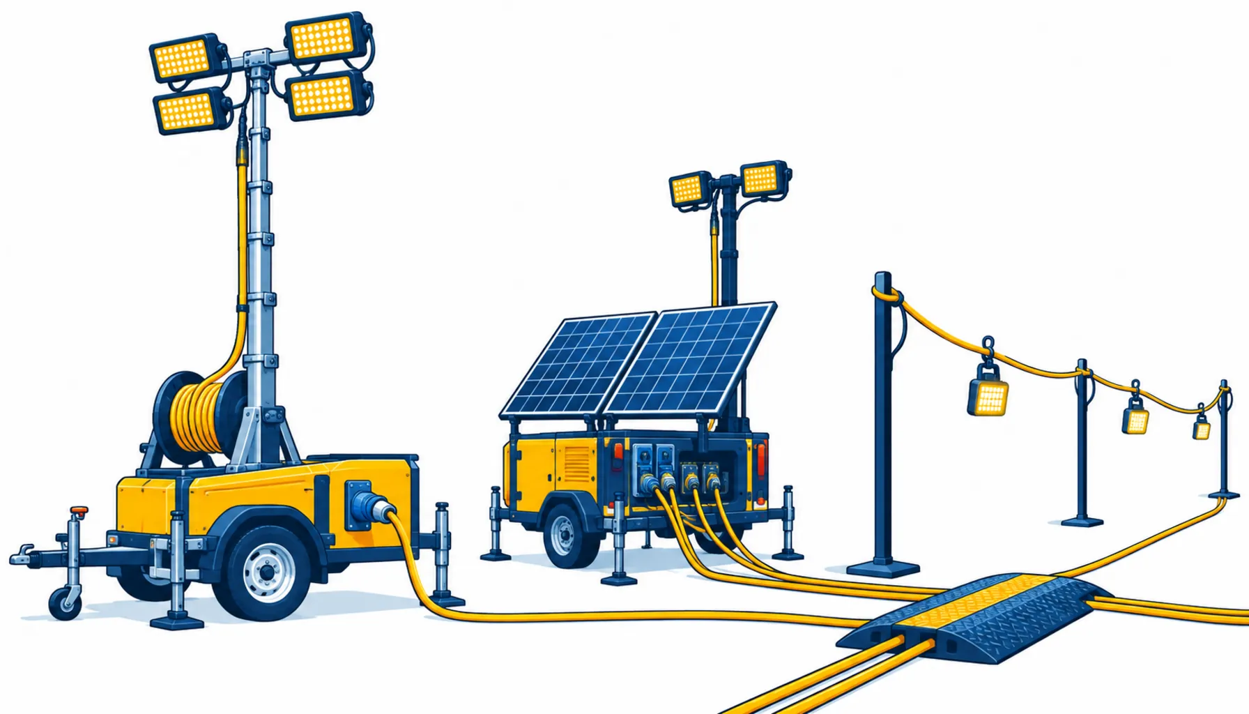 Flat infographic of a night works lighting system: a lighting tower with its mast cable on a winch, the trailer connection at the base, and area circuits with festoon and floodlight runs routed overhead and on ramps