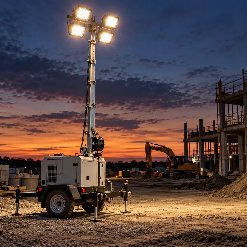 A mobile lighting tower with its mast raised on a construction site at dusk, power cable coiled on the trailer winch, floodlights glowing against a darkening sky, no readable text, no labels