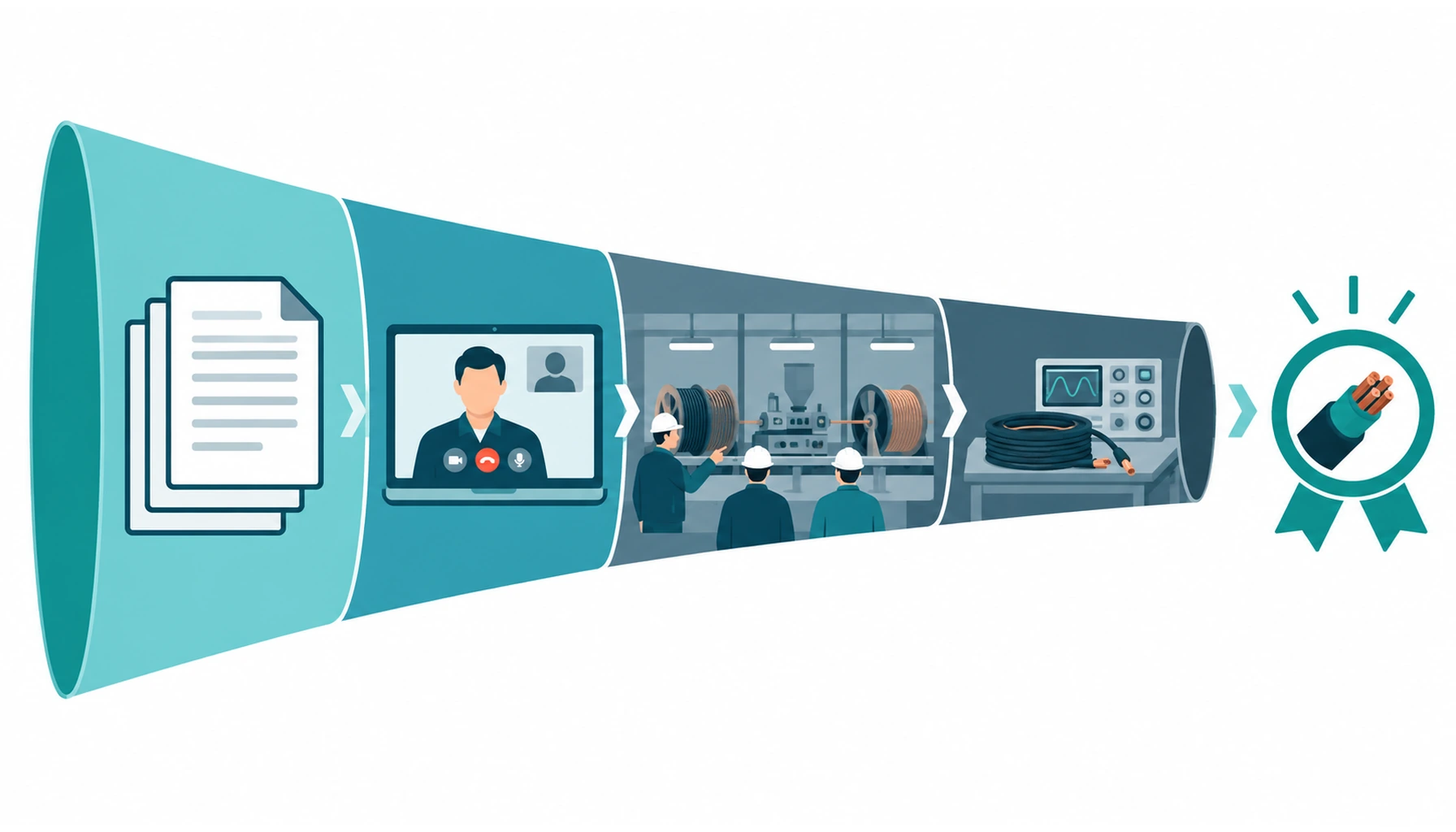 Flat infographic of a cable supplier audit funnel narrowing from document review through a remote walkthrough and an on-site visit to a trial order and a qualified source