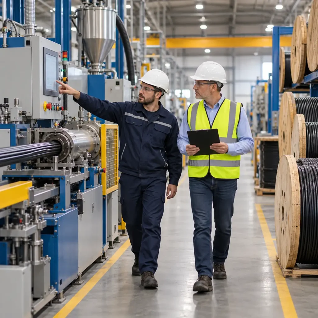An inspector in a hard hat walking a cable factory production floor past extrusion lines and cable drums, a clipboard in hand, clean industrial lighting, no readable text, no labels
