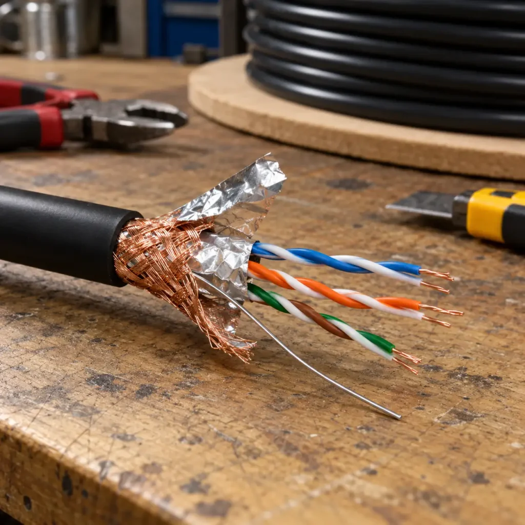 A cut length of screened instrument cable on a workbench showing aluminium foil and braided copper layers peeled back around twisted pairs, a drain wire visible, cable drum and tools behind, workshop lighting, no readable text, no labels