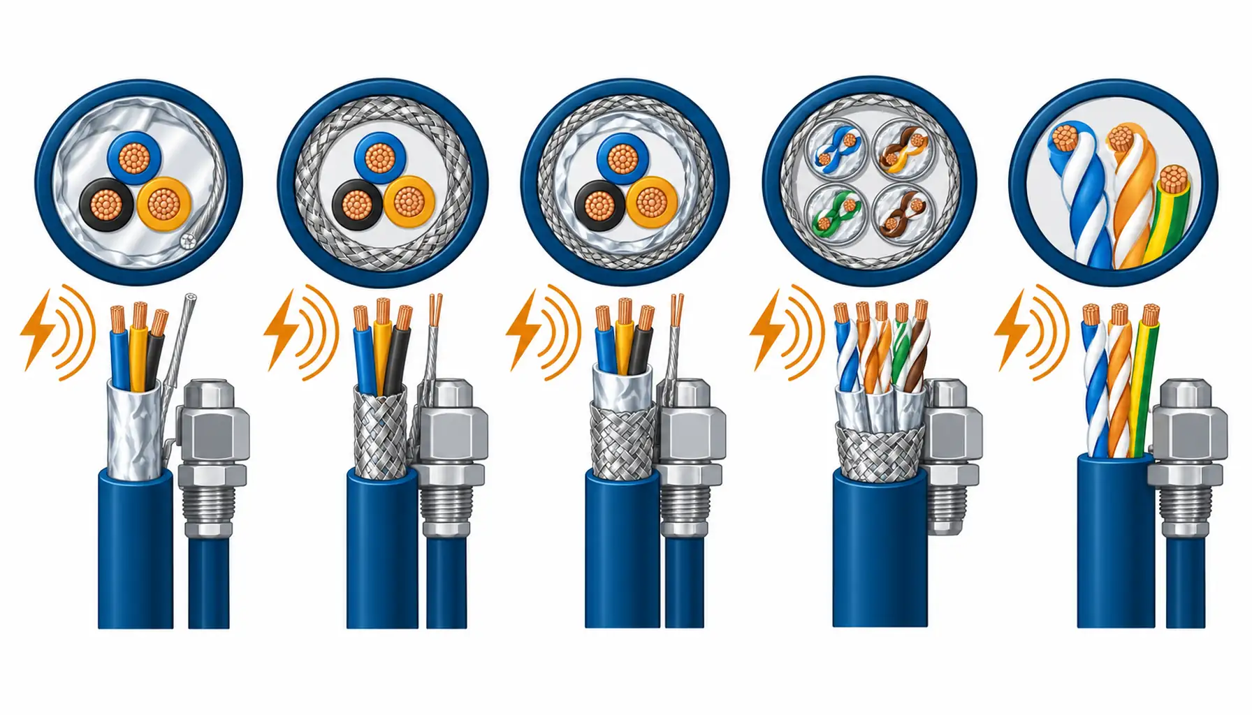 Flat infographic of screen selection: five screened cable cross-sections from aluminium foil to a composite foil-over-braid screen, beside an interference source and a termination detail