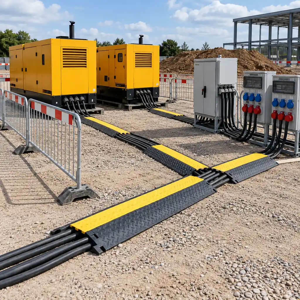 Two temporary site generators on skids with heavy cable running to a changeover panel and distribution boards, cable ramps over the routes, barriers around the generator bay, daylight, no readable text, no labels