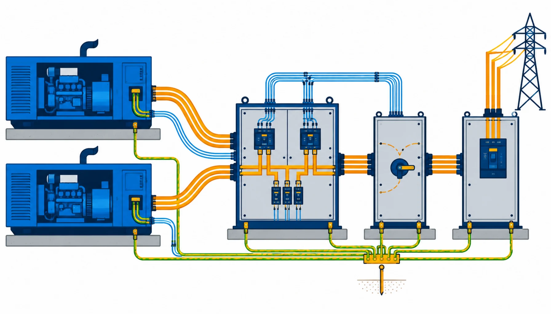 Flat infographic of a generator bay cable map: two sets on skids feeding a paralleling board, screened control runs kept apart from power feeders, an ATS changeover link to the mains, and the earthing scheme tied across all of it