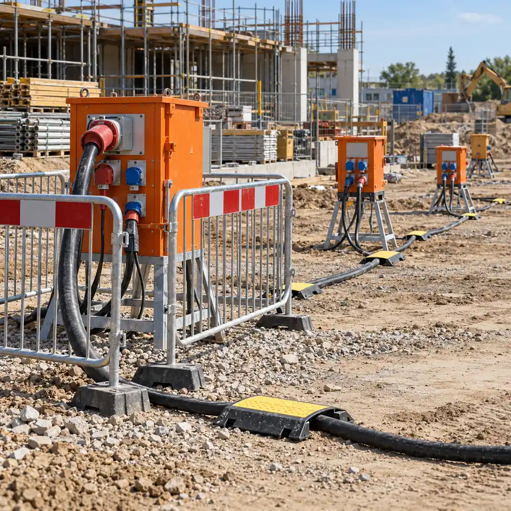 A row of construction site distribution boards on stands with heavy feeder cable and rubber connecting cable running between them across a site, barriers around the supply point, daylight, no readable text, no labels