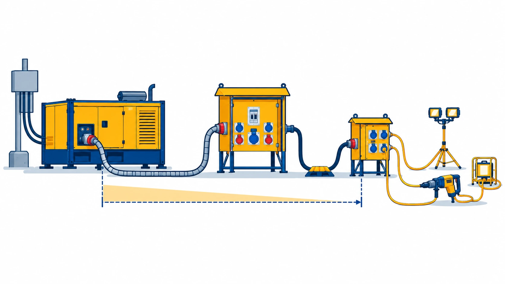 Flat infographic of a site power hierarchy: the supply point at one end, a main board, a zone sub-board and the workface at the other, with armoured feeder, rubber connecting cable and flexible cord drawn at their own levels
