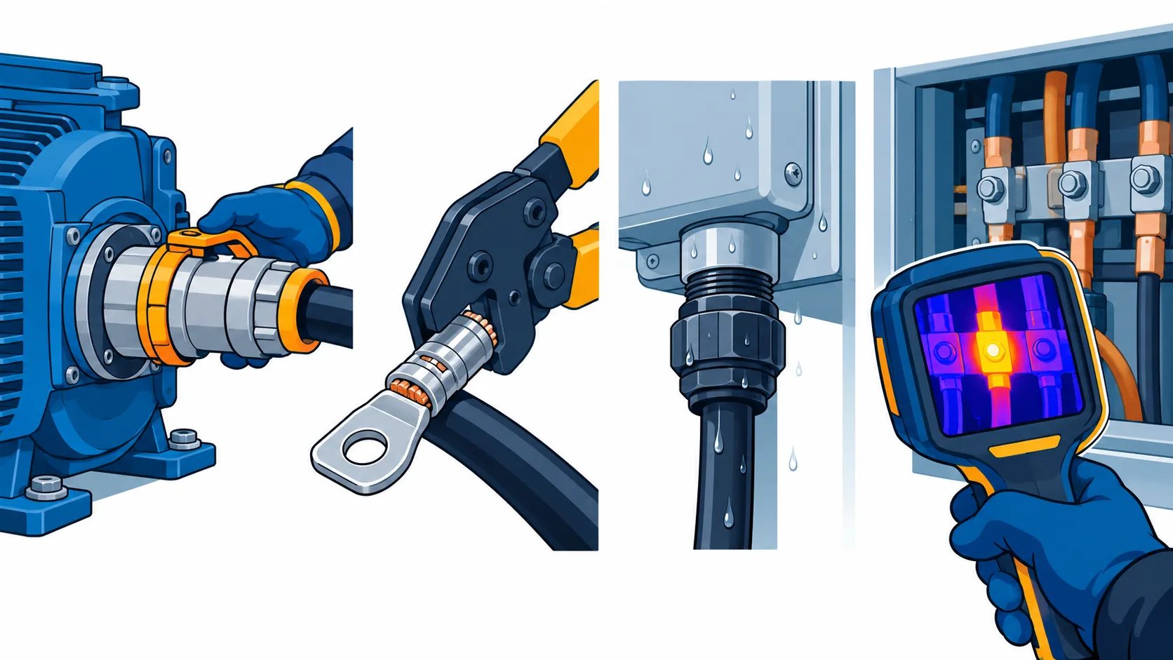 Flat infographic of site connection categories: quick connectors on a moving machine feed and lighting circuit, crimped lugs with a calibrated tool on a feeder, and a tested permanent termination at the generator