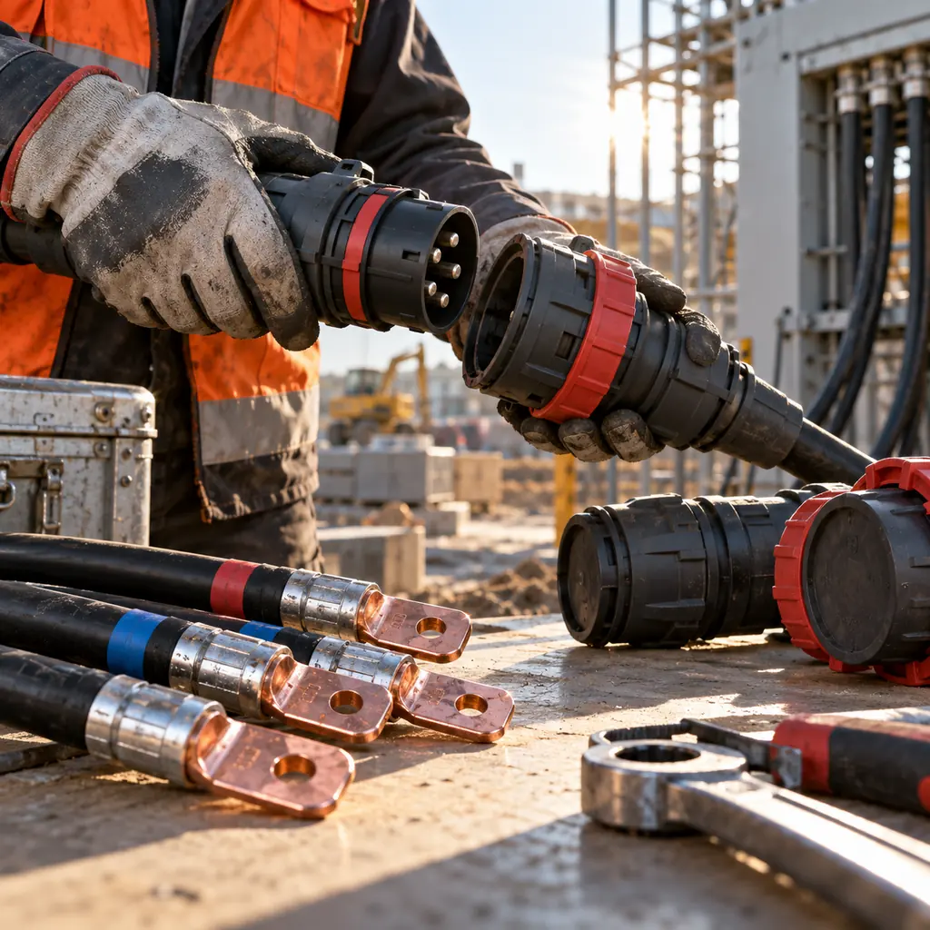 A close view of heavy industrial cable connectors and properly crimped lugs on a workbench at a construction site, an electrician's gloved hands fitting a coupler, morning light, no readable text, no labels