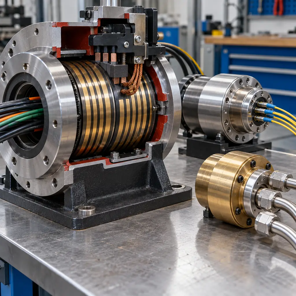 Photorealistic scene: a slip ring assembly on a bench with a brush block contacting a ring stack, a fibre optic rotary joint and a fluid rotary union beside it, cables entering through the bore, a cut-away of the ring housing, clean industrial lighting, no readable text, no labels