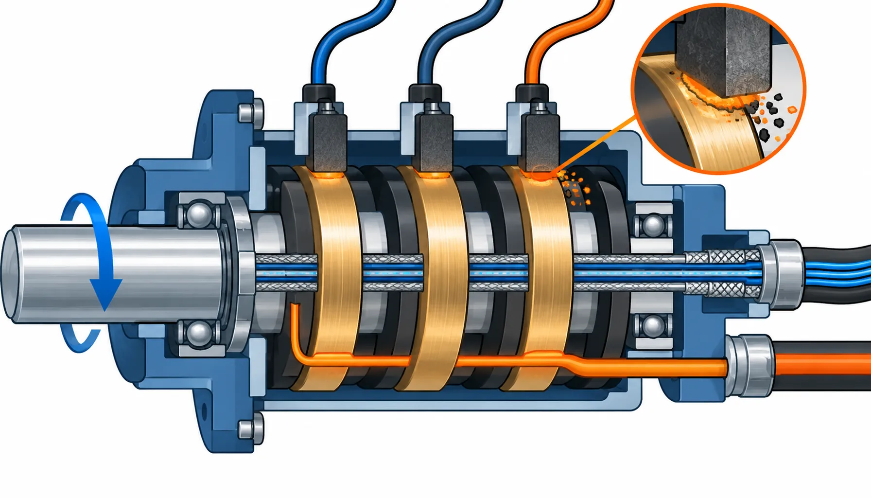 Flat infographic comparing five ways to carry power and signal across continuous rotation: a slip ring with brushes, a fibre optic rotary joint, a fluid rotary union, a wireless or inductive link and a cable with limited sweep instead of full rotation