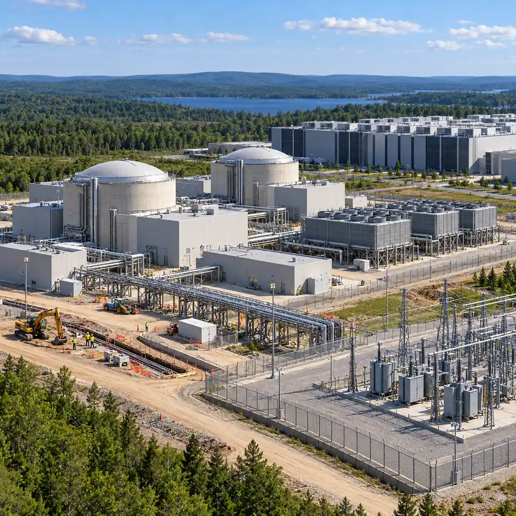 An industrial illustration of a small modular reactor site adjacent to a data center campus with compact reactor buildings, cooling modules and a substation connection corridor under construction, clean daylight rendering, no readable text, no labels