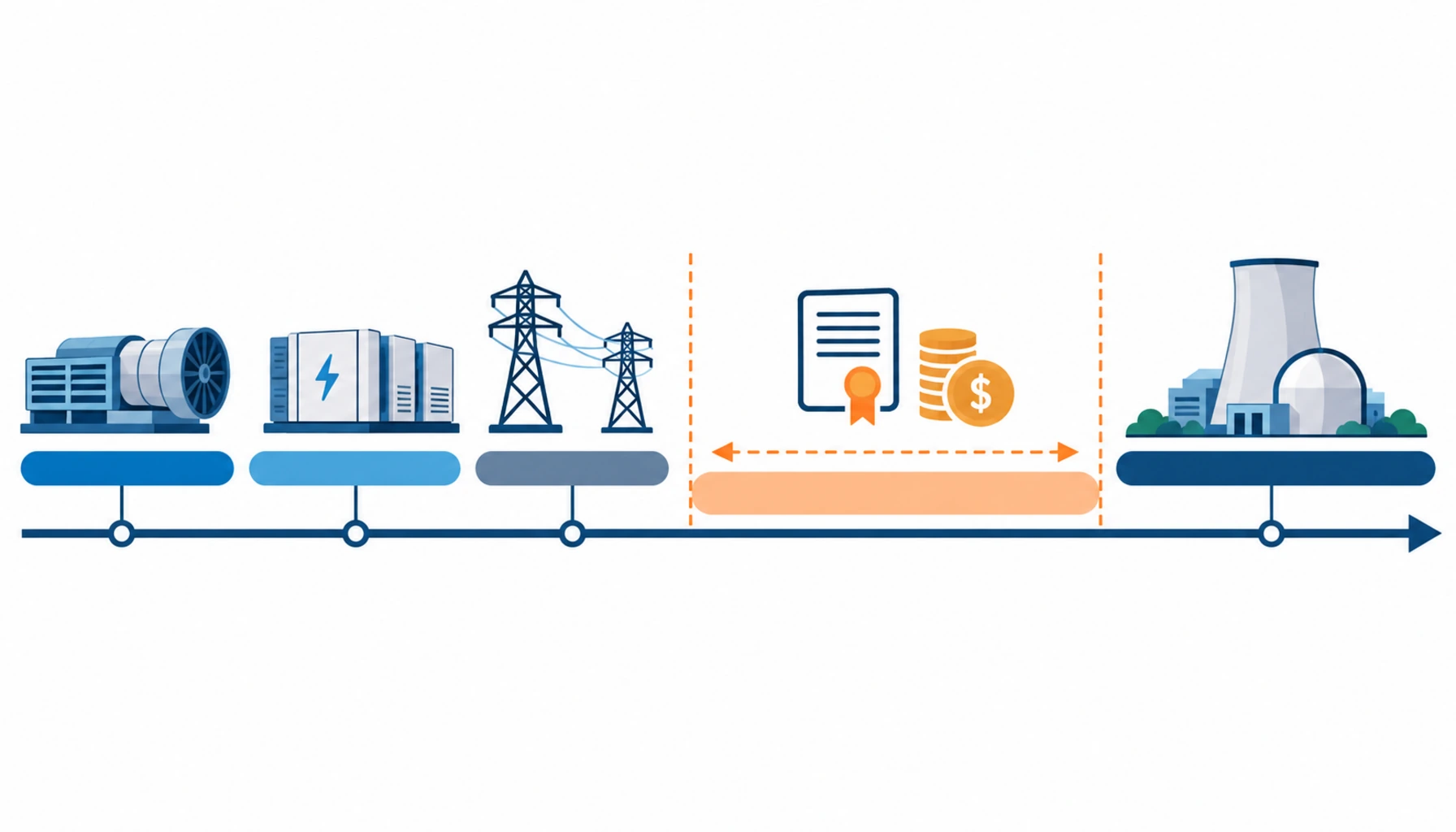 Flat infographic comparing four agreement structures offered to data center buyers for small modular reactor power: a long term purchase agreement, a site and grid reservation, equity participation and a conditional equipment order