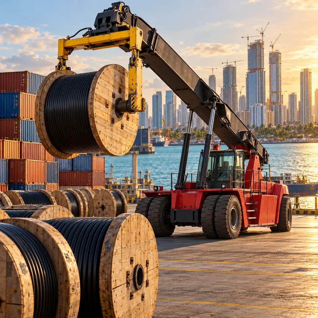 Cable drums at a tropical port terminal with city construction visible across the water