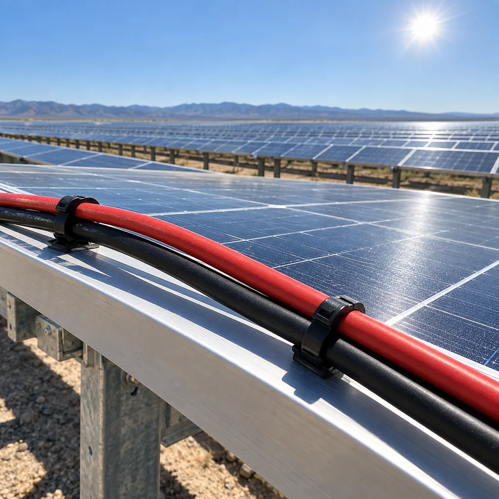 Two solar DC cables in sunlight, one marked H1Z2Z2-K and one marked PV wire, laid on a solar module frame