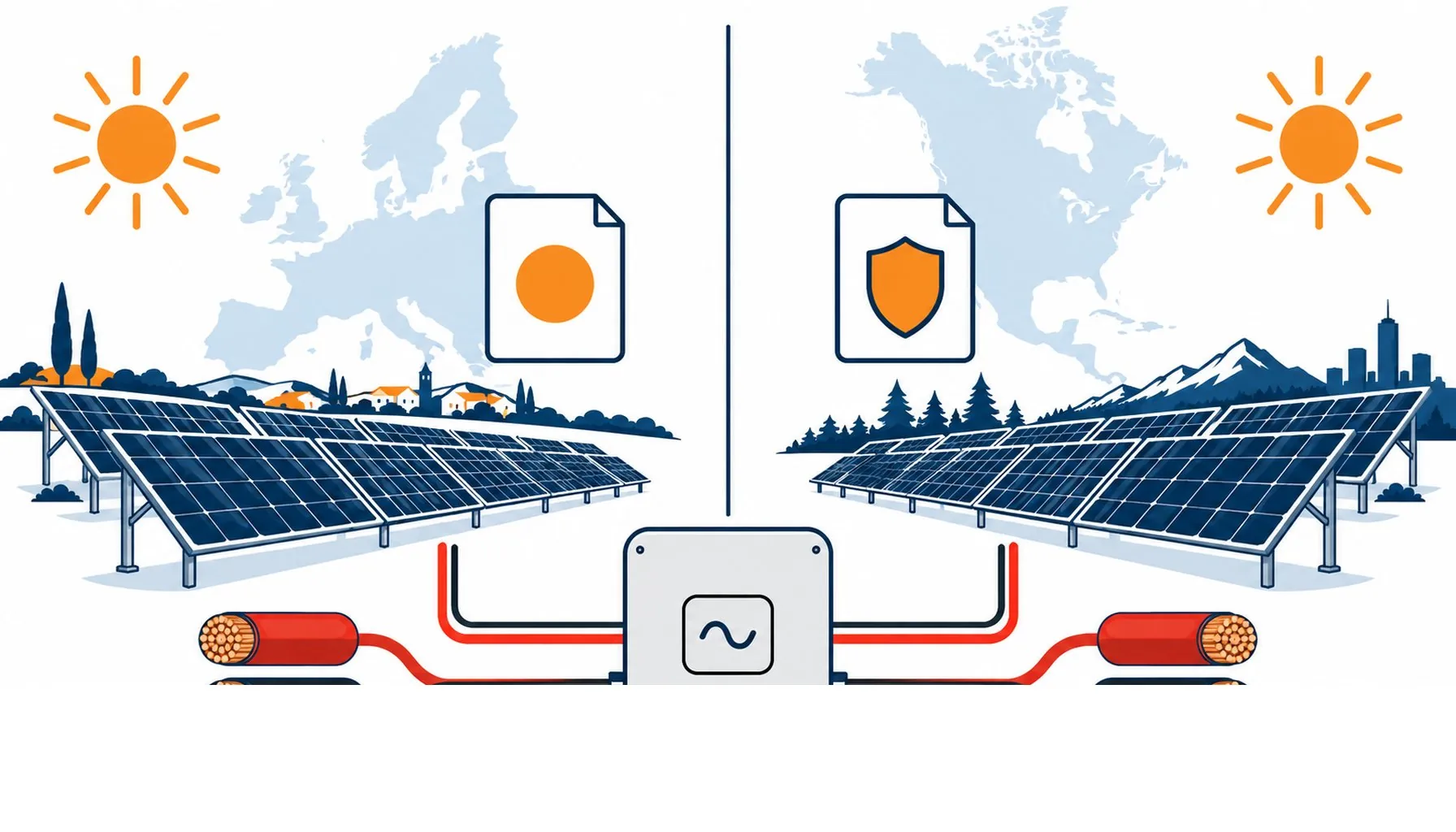 Flat infographic of a world map split into two standard regions with a solar farm on each side sharing one cable construction