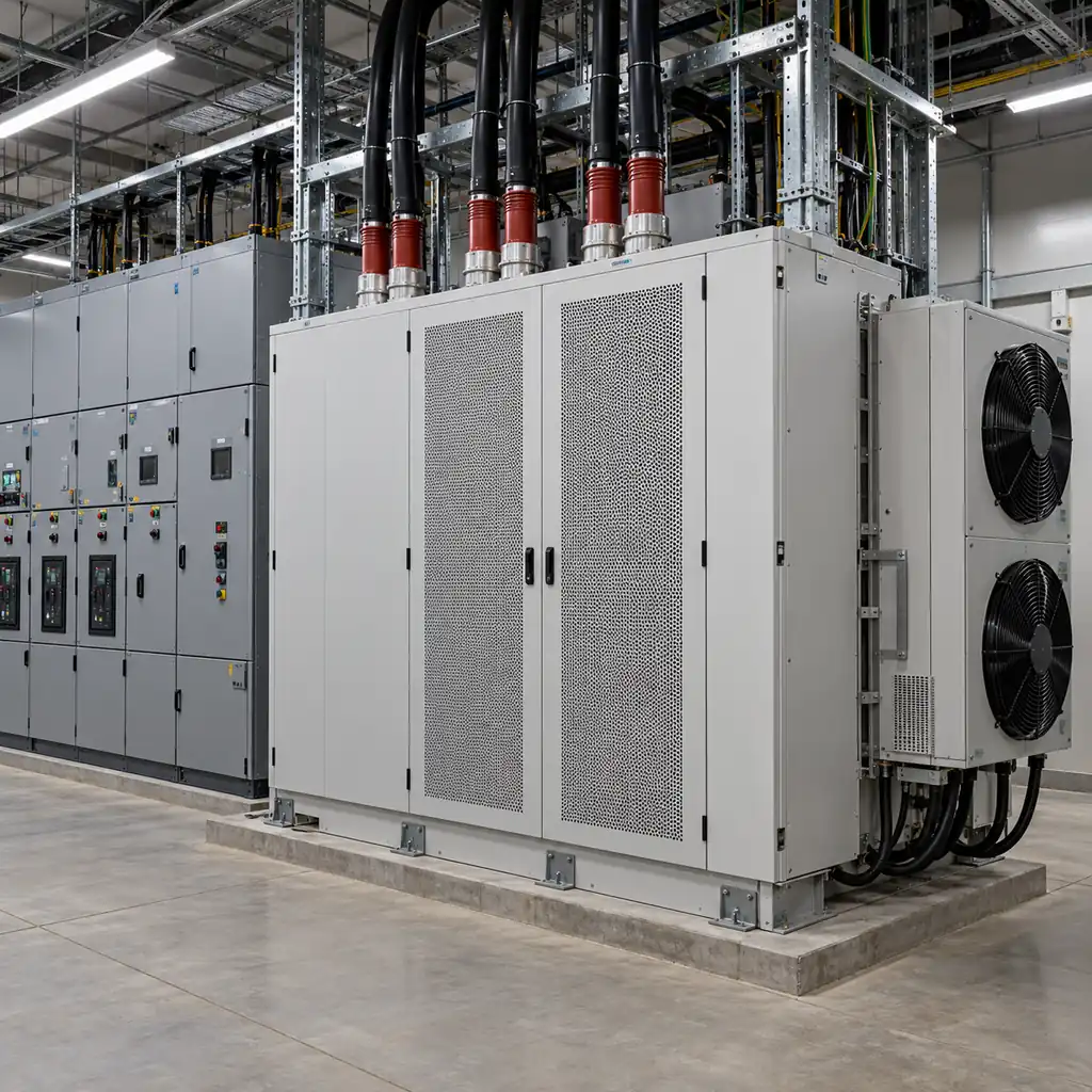 A medium voltage to 800V DC solid state transformer cabinet standing beside conventional transformer and rectifier equipment in a data center substation