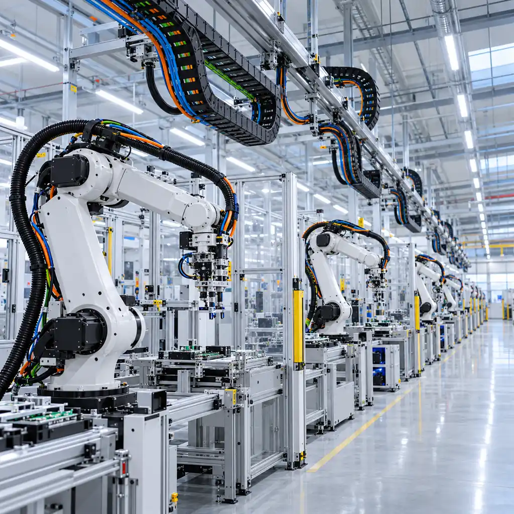 A row of robot arms working along an electronics assembly line inside a bright Korean factory, flexible cable routed in a carrier above the cells