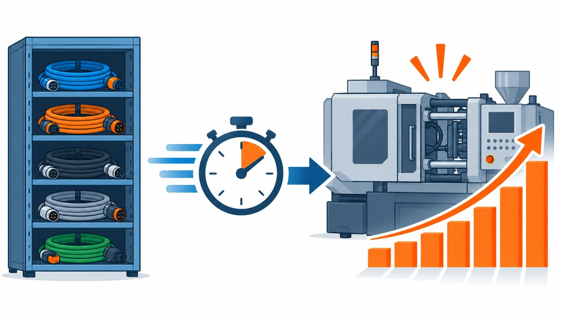 Flat infographic of a spare cable cabinet and the cost lines of a machine stoppage
