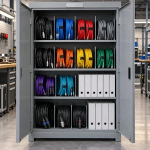A labelled spare cable cabinet in an integrator workshop with coiled flexible cable on shelves beside service documentation