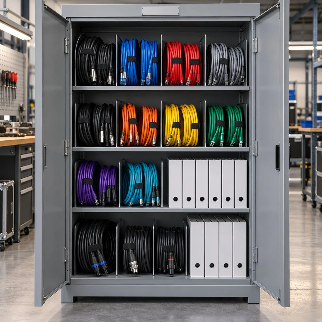 A labelled spare cable cabinet in an integrator workshop with coiled flexible cable on shelves beside service documentation