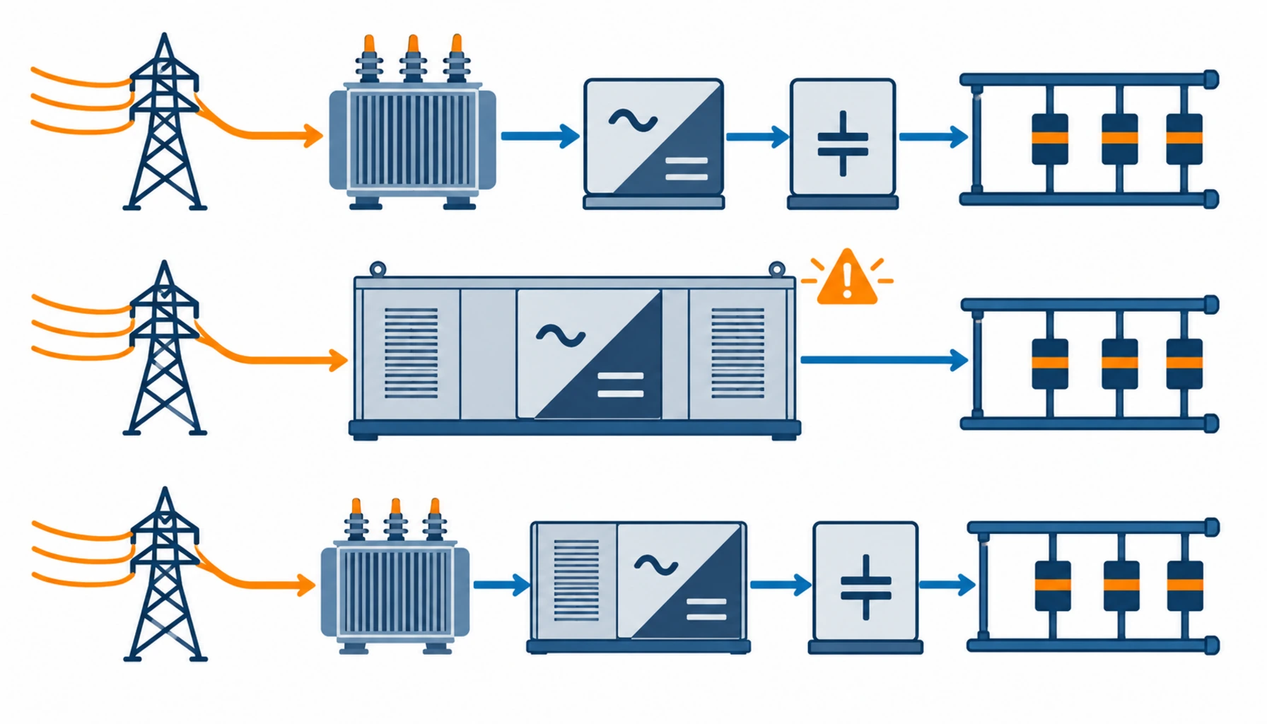 Flat infographic showing three routes from medium voltage to 800V DC power distribution