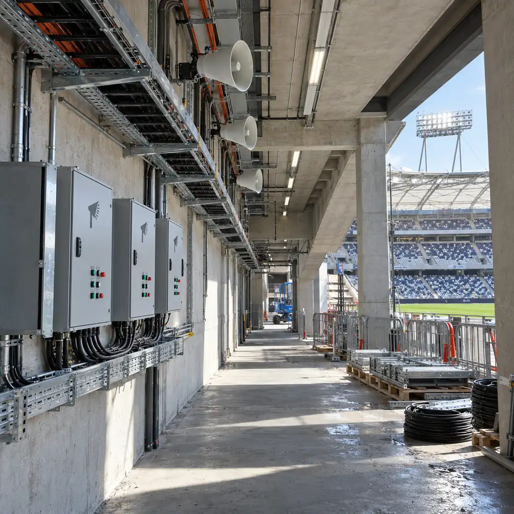 A stadium service corridor under construction with cable in tray running along the wall, floodlighting control panels and a loudspeaker line fixed overhead, a stand structure visible beyond an opening, hard daylight, no readable text, no labels