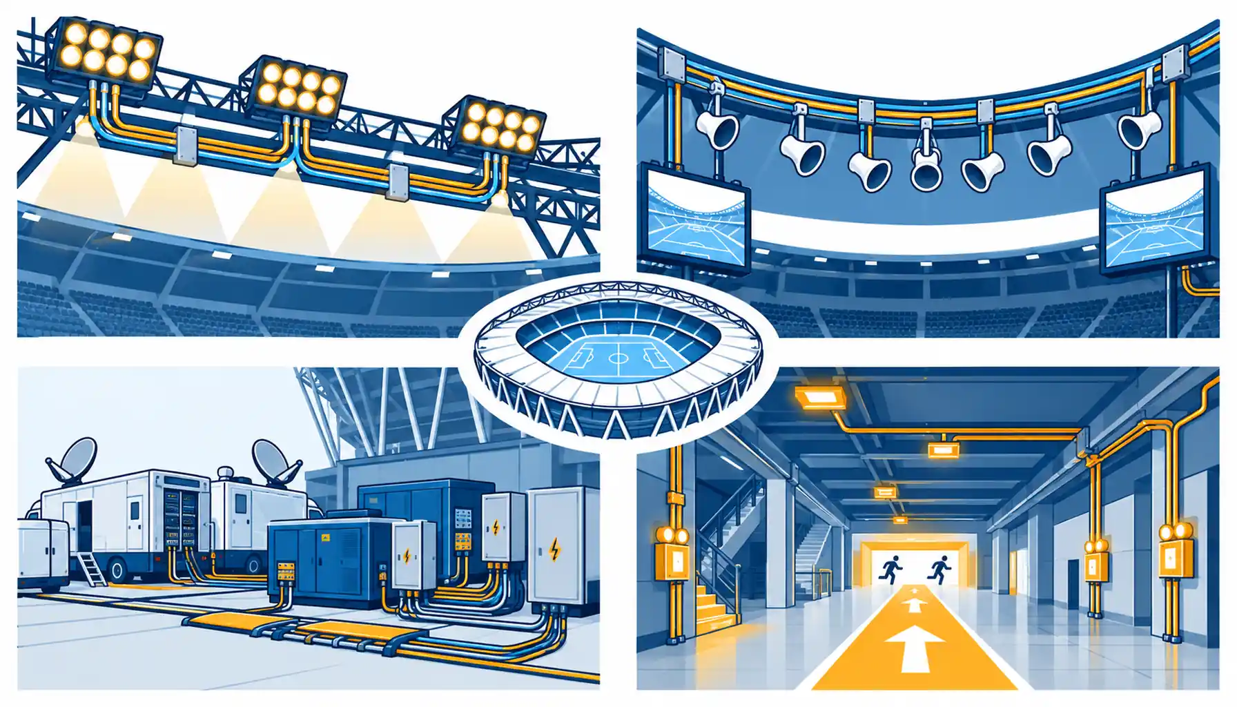Flat infographic of a stadium cable package: a lighting gantry with grouped circuits, a loudspeaker line along the stand, a broadcast position with a dedicated feed, and an escape route highlighted through the concourse