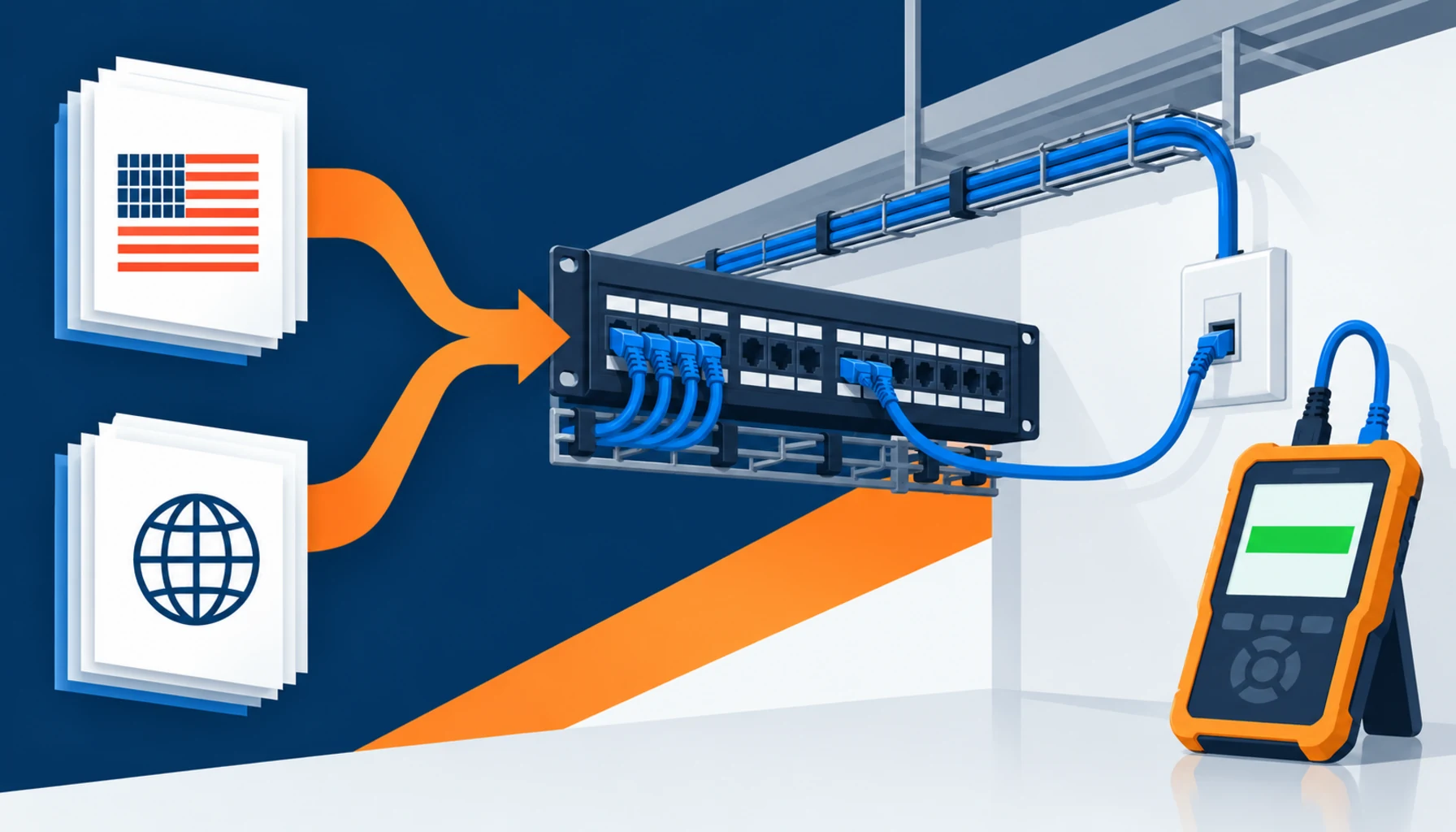 Flat infographic of two parallel standard families feeding one channel geometry with a tester at the end