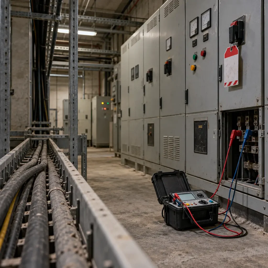 A standby cable run in an idle plant room with mothballed switchgear, dust on the tray, a test set connected at the terminal and a shutdown tag on the panel, no readable text, no labels