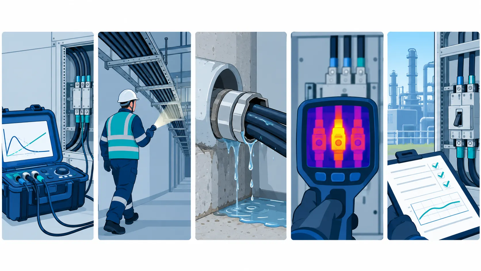 Flat infographic of cable recommissioning checks: insulation resistance against a baseline, a route walk, a gland and duct sealing check, a thermal survey under load and a functional test