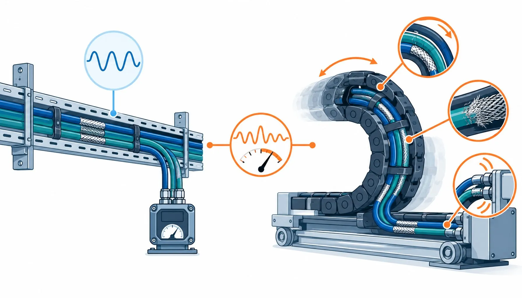 Flat infographic comparing a static tray run and a dynamic chain run with added fatigue icons on the dynamic side