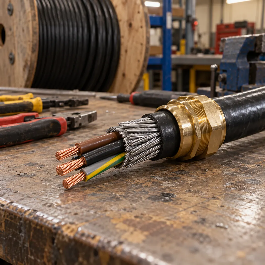 A cut length of steel wire armoured cable on a workbench with the armour wires exposed around the cores and a brass gland fitted at one end, cable drum and hand tools behind, workshop lighting, no readable text, no labels