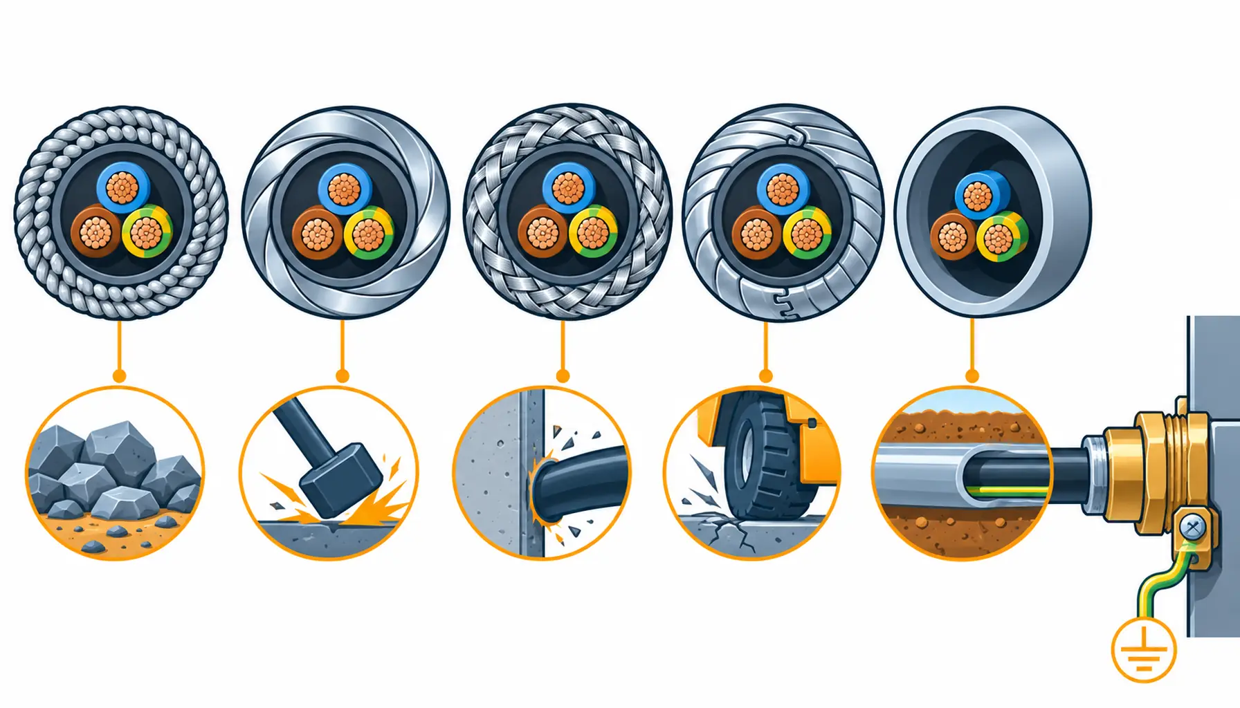Flat infographic of armour selection by route threat: a buried duct with rubble, a plant crossing and a vertical drop, each with a simplified armoured cross-section and the threat marked