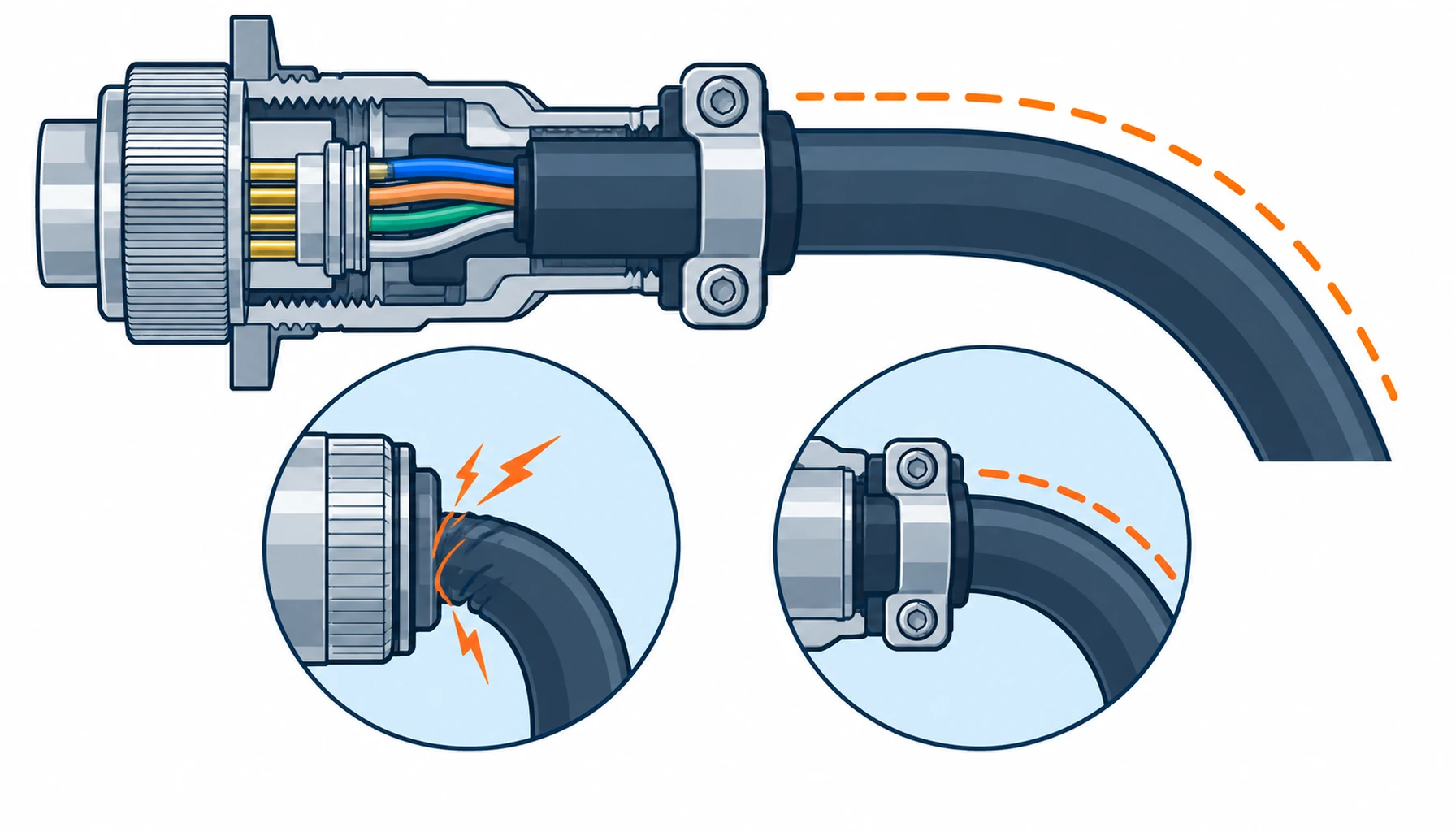 Flat infographic comparing five strain relief designs at a connector entry: a metal backshell clamp, a cable gland through an enclosure wall, a molded boot, a strain relief spring, and a bundled entry gripping several cables together