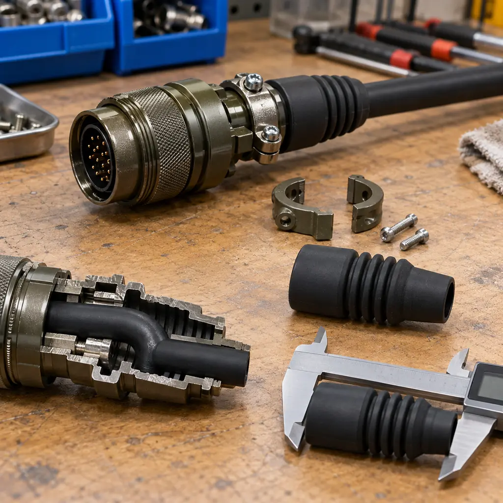 A circular connector backshell being assembled on a bench with a cable clamp and a molded strain relief boot beside it, a cut-away showing the cable entry bend, a caliper measuring the boot length, workshop lighting, no readable text, no labels