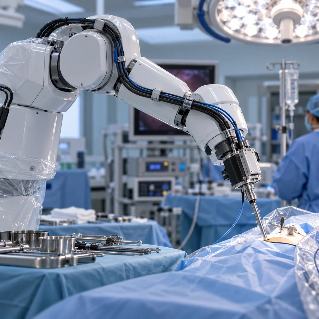 Photorealistic scene: a surgical robot arm in an operating theatre with a slim cable harness running along the links to an instrument interface, sterile drapes and instrument trays in the background, cool clinical lighting, no readable text, no labels