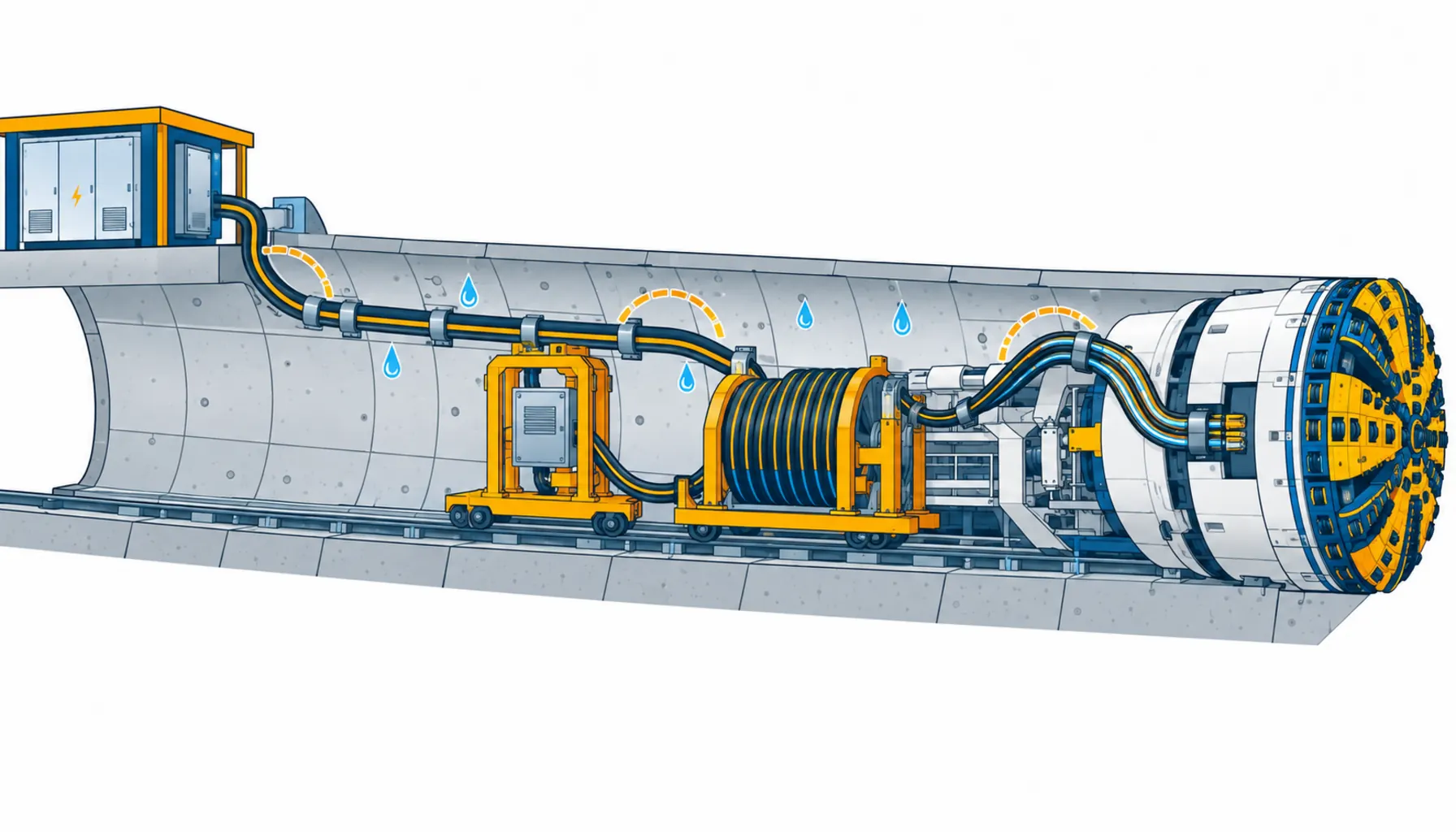 Flat infographic of a TBM cable duty map: the high voltage feed from the portal along the segment lining, the machine drum with reeling cable, the composite data link to the face, and gantry step-down, with the water and bend points marked