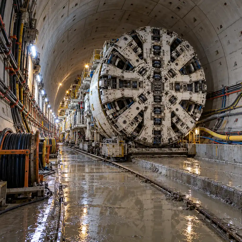 A tunnel boring machine in a lined tunnel with its cable reels and supply runs visible along the segment lining, standing water on the invert, work lighting reflecting off the wet surface, no readable text, no labels
