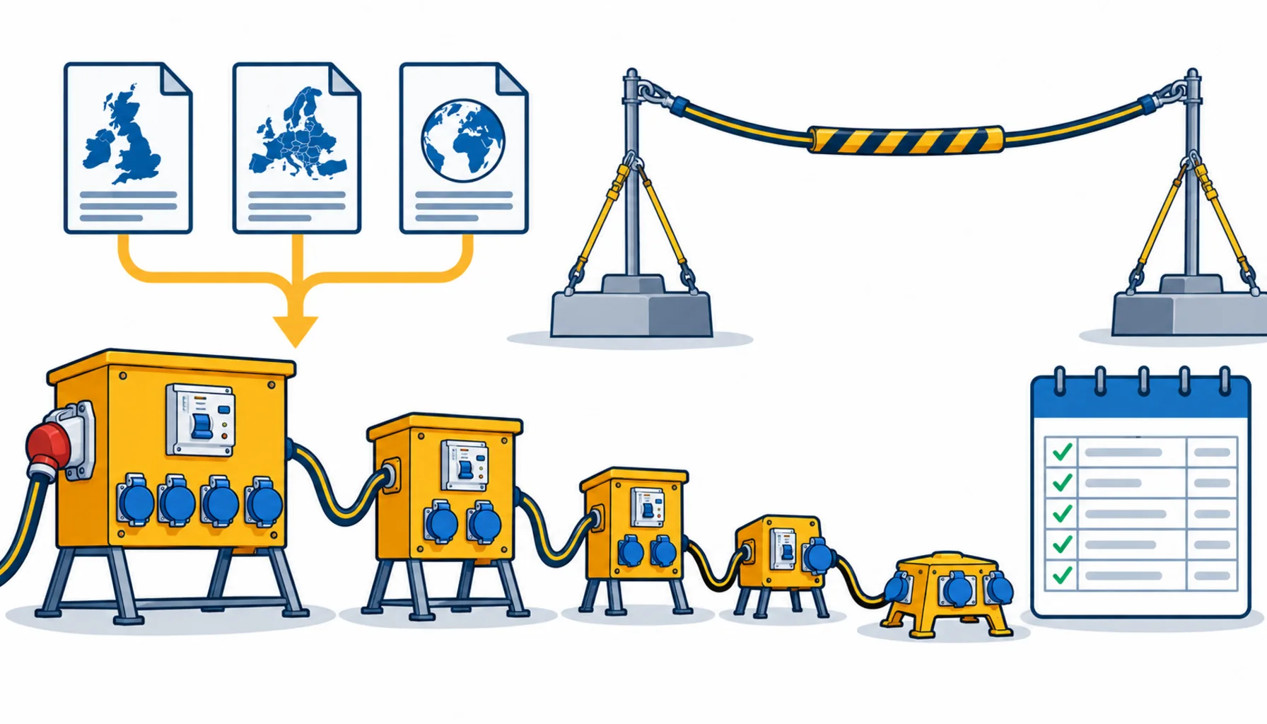 Flat infographic comparing temporary power standards: three document columns over one construction site distribution scheme, with graded boards, RCD levels and a test record sheet shared beneath them