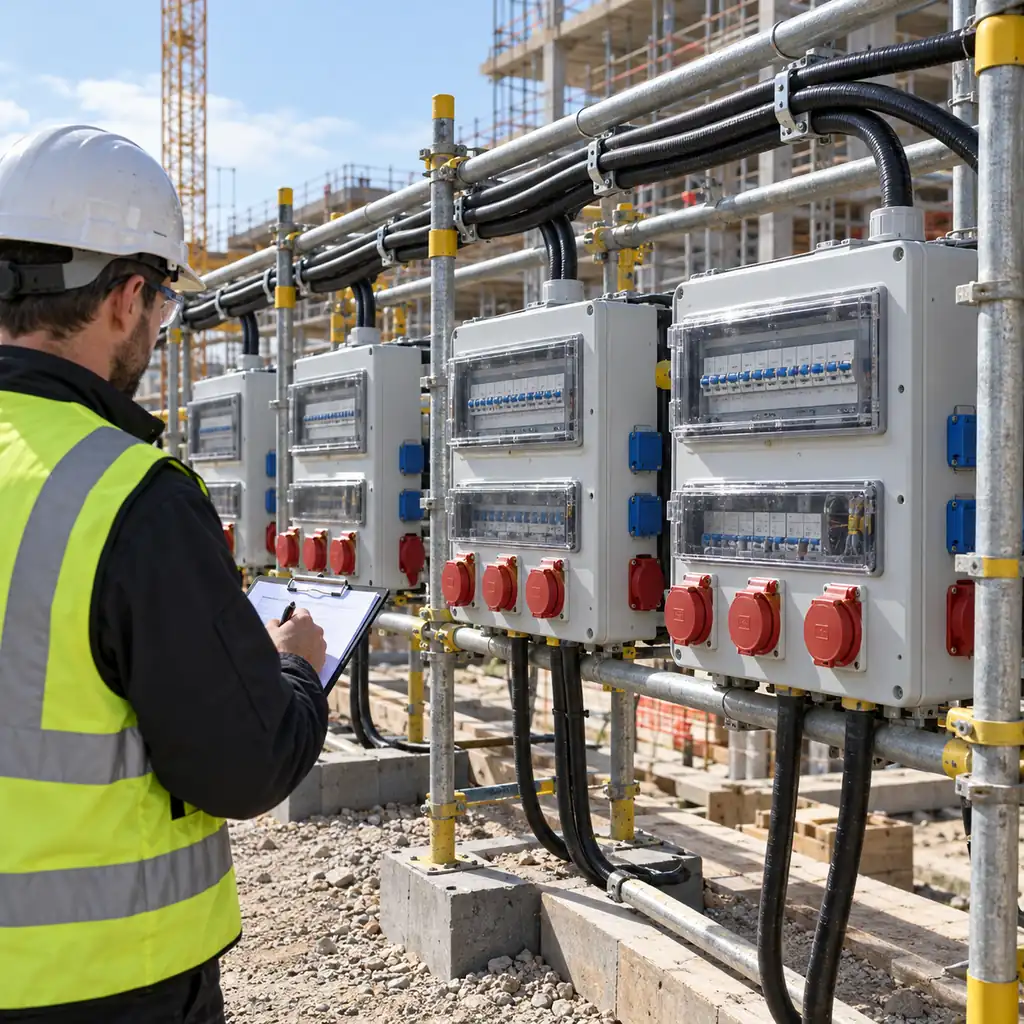 A row of temporary construction site distribution boards on a scaffold frame with armoured supply cable routed overhead, an inspector with a clipboard in the foreground, daylight, no readable text, no labels