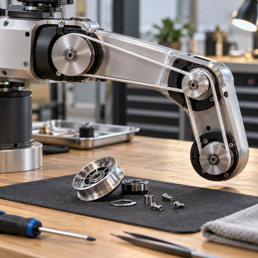 Photorealistic scene: a close view of a robot joint drive with a slim tendon cable running over polished pulleys between two anchor points, one pulley partially disassembled on a work surface, soft technical lighting, no readable text, no labels